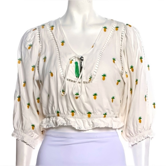 FARM Rio Tops - Farm Rio Crop Top Pineapple Embroidered Blouse – Beaded Linen Blend – Size Small
